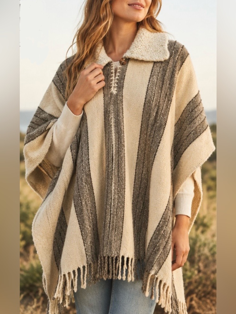 1970s Vintage Wool Stripe Chunky Knit collar Poncho Outerwear